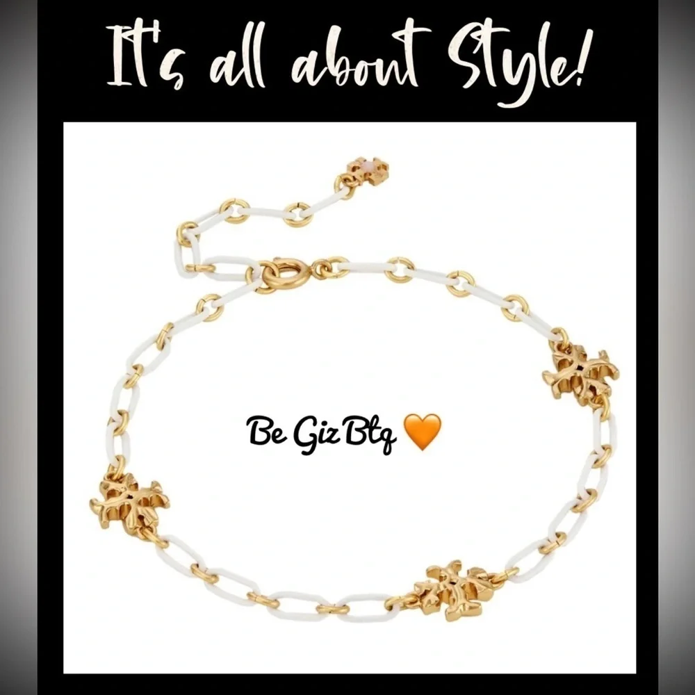 🆕Tory Burch Authentic Roxanne Gold-Plated & Ivory Acrylic Logo Chain Bracelet